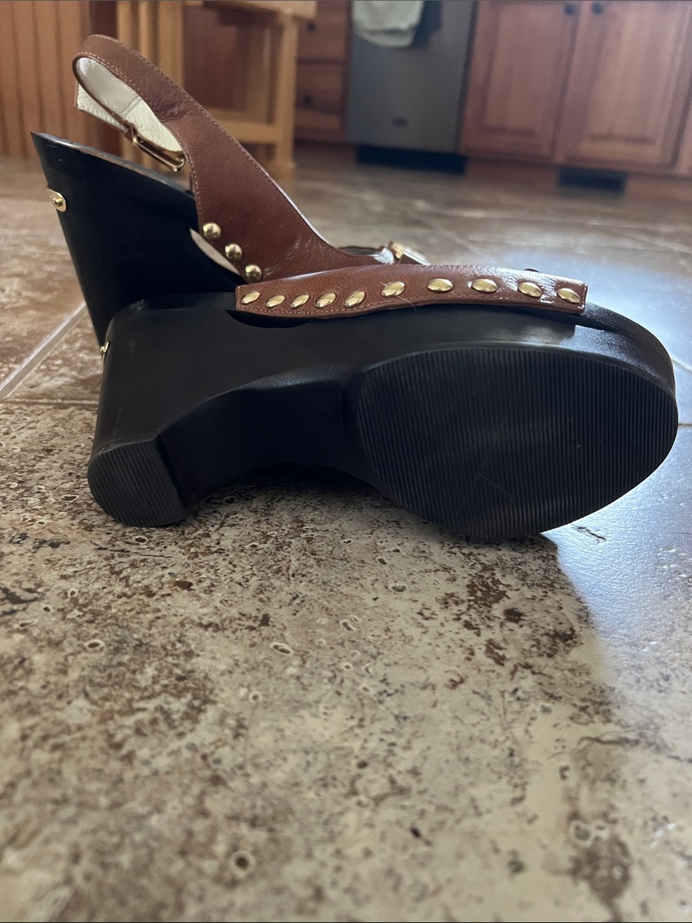 Michael Kors Brown and Cream Leather Platform Wedge Sandals with Gold MK Accent - Picture 5 of 6
